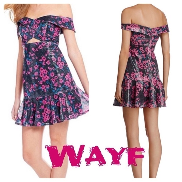 Wayf Janet Sequined Off-the-shoulder Mini Dress floral sparkly peekaboo cutout - Picture 1 of 14